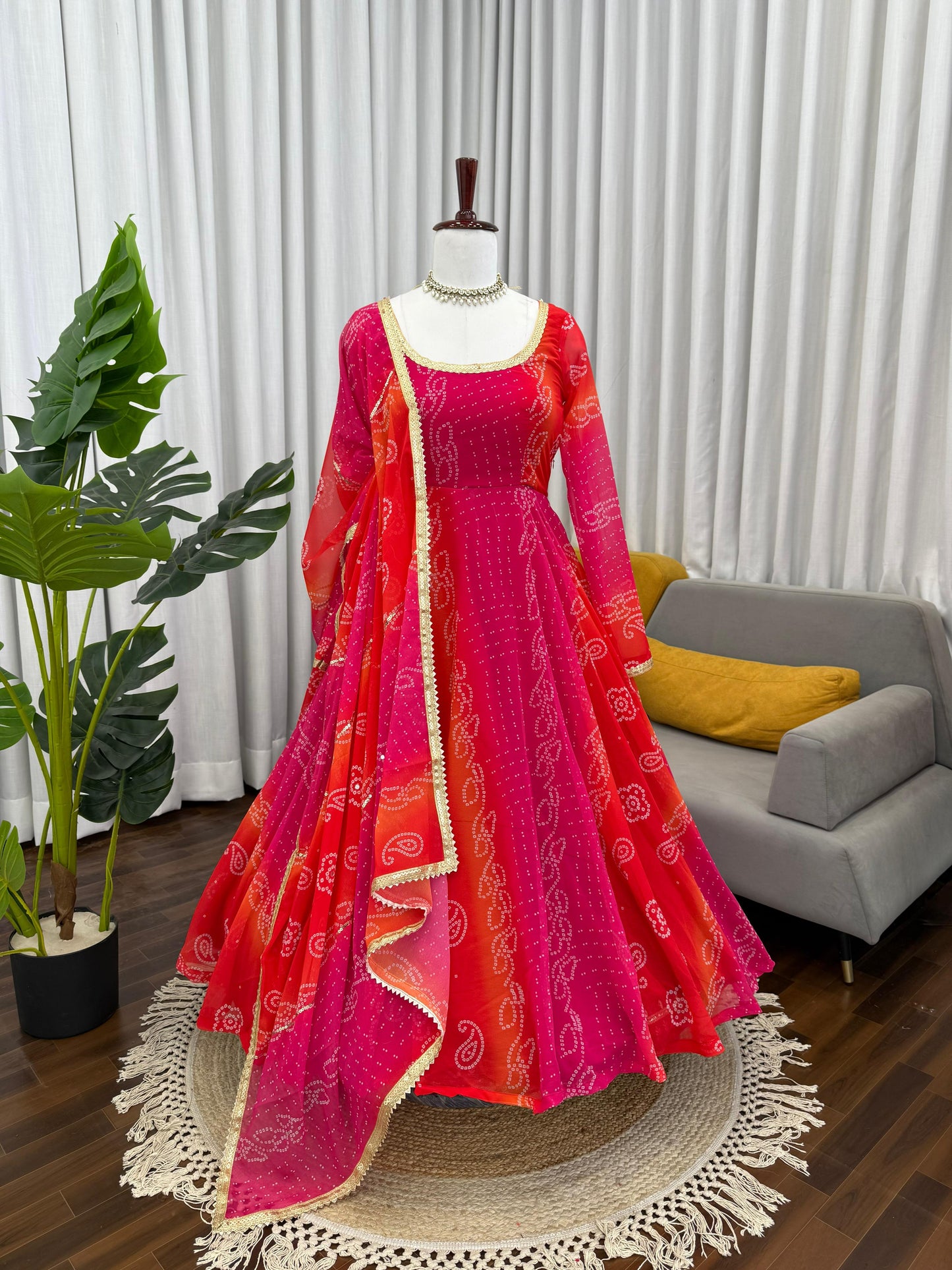 Ombre Pink & Orange Bandhej Anarkali Suit