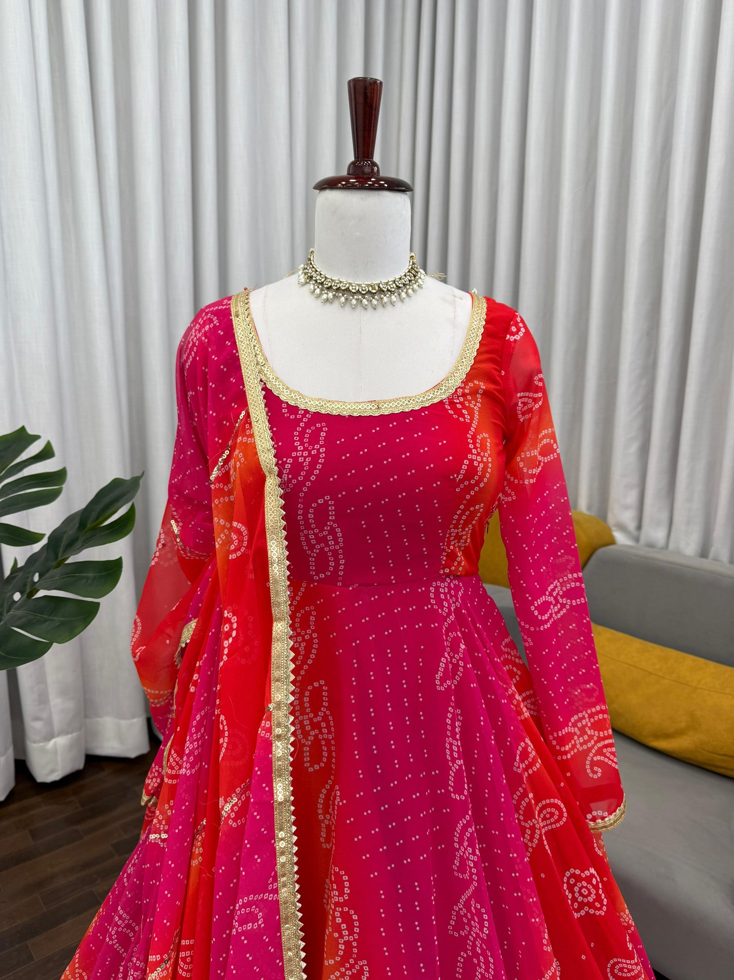 Ombre Pink & Orange Bandhej Anarkali Suit