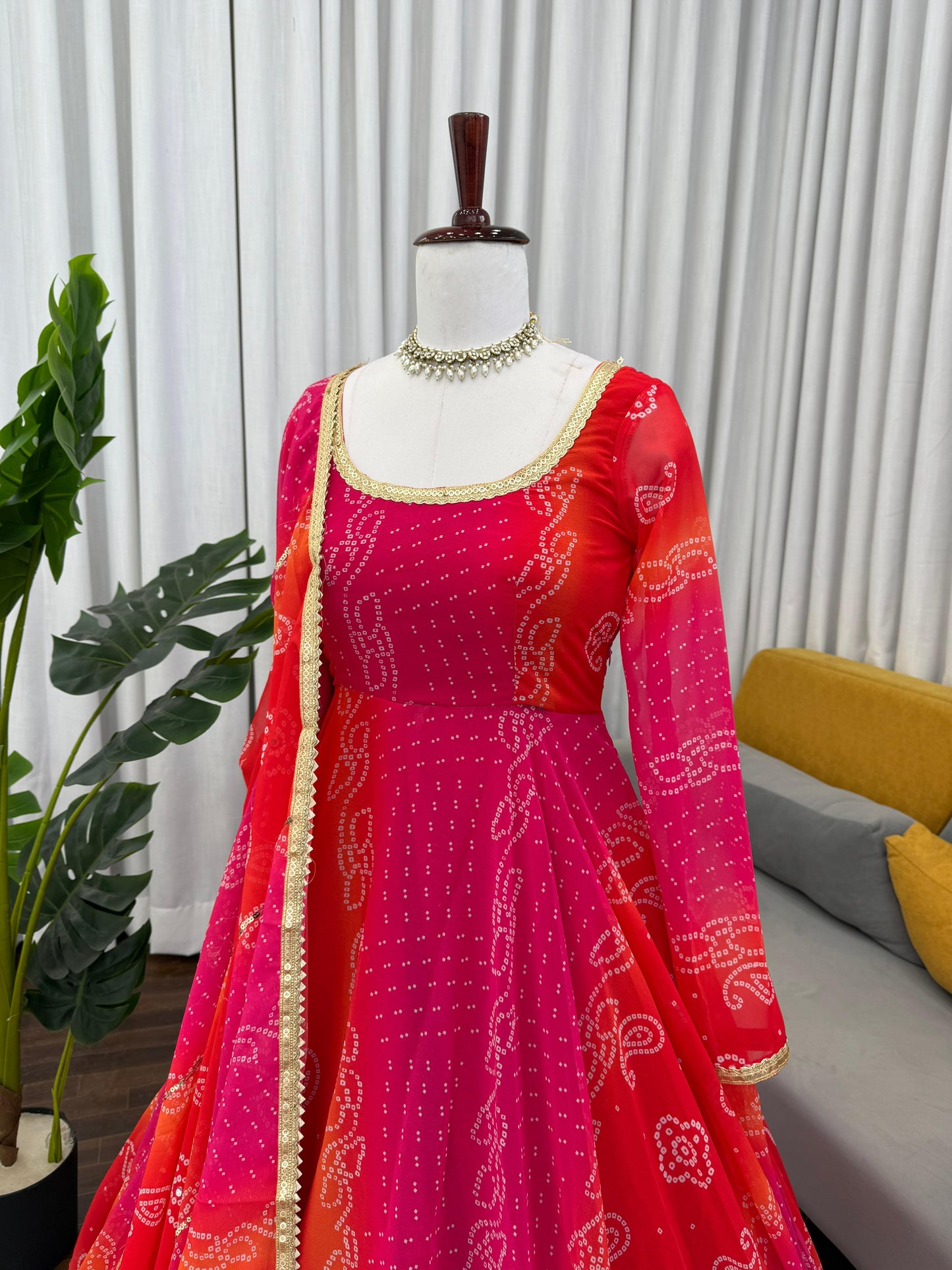 Ombre Pink & Orange Bandhej Anarkali Suit