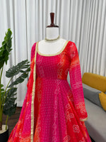 Ombre Pink & Orange Bandhej Anarkali Suit