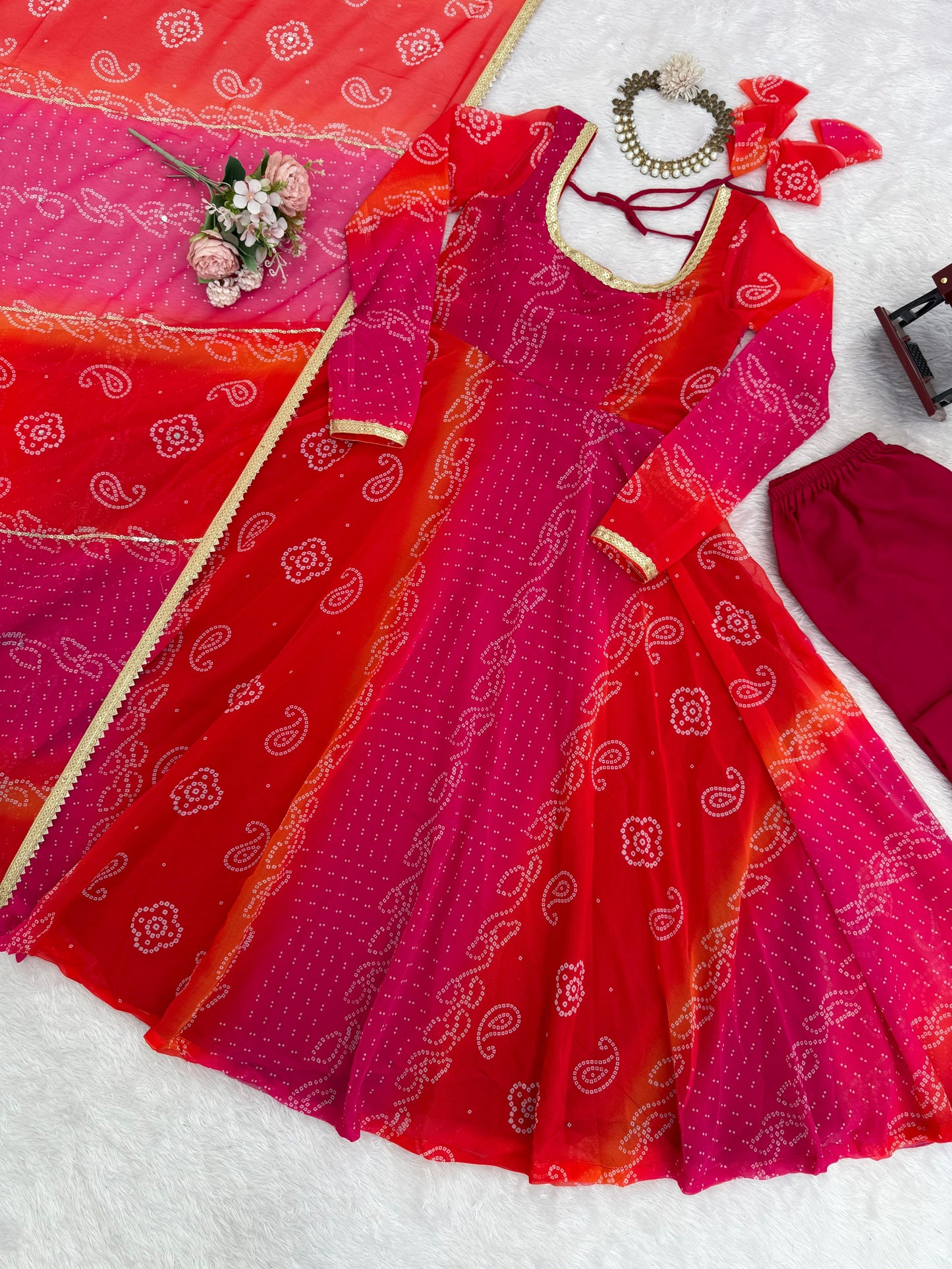 Ombre Pink & Orange Bandhej Anarkali Suit