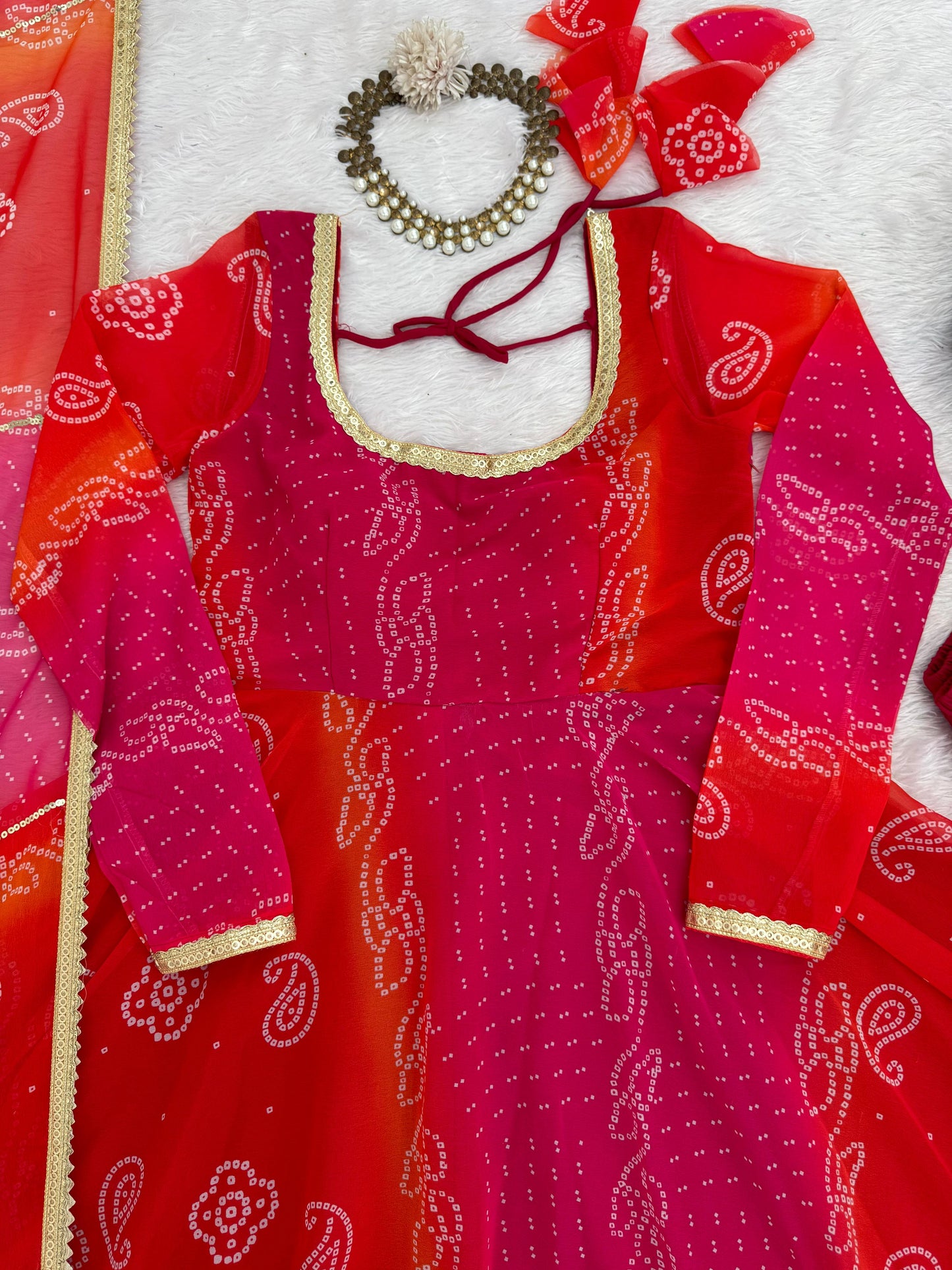 Ombre Pink & Orange Bandhej Anarkali Suit