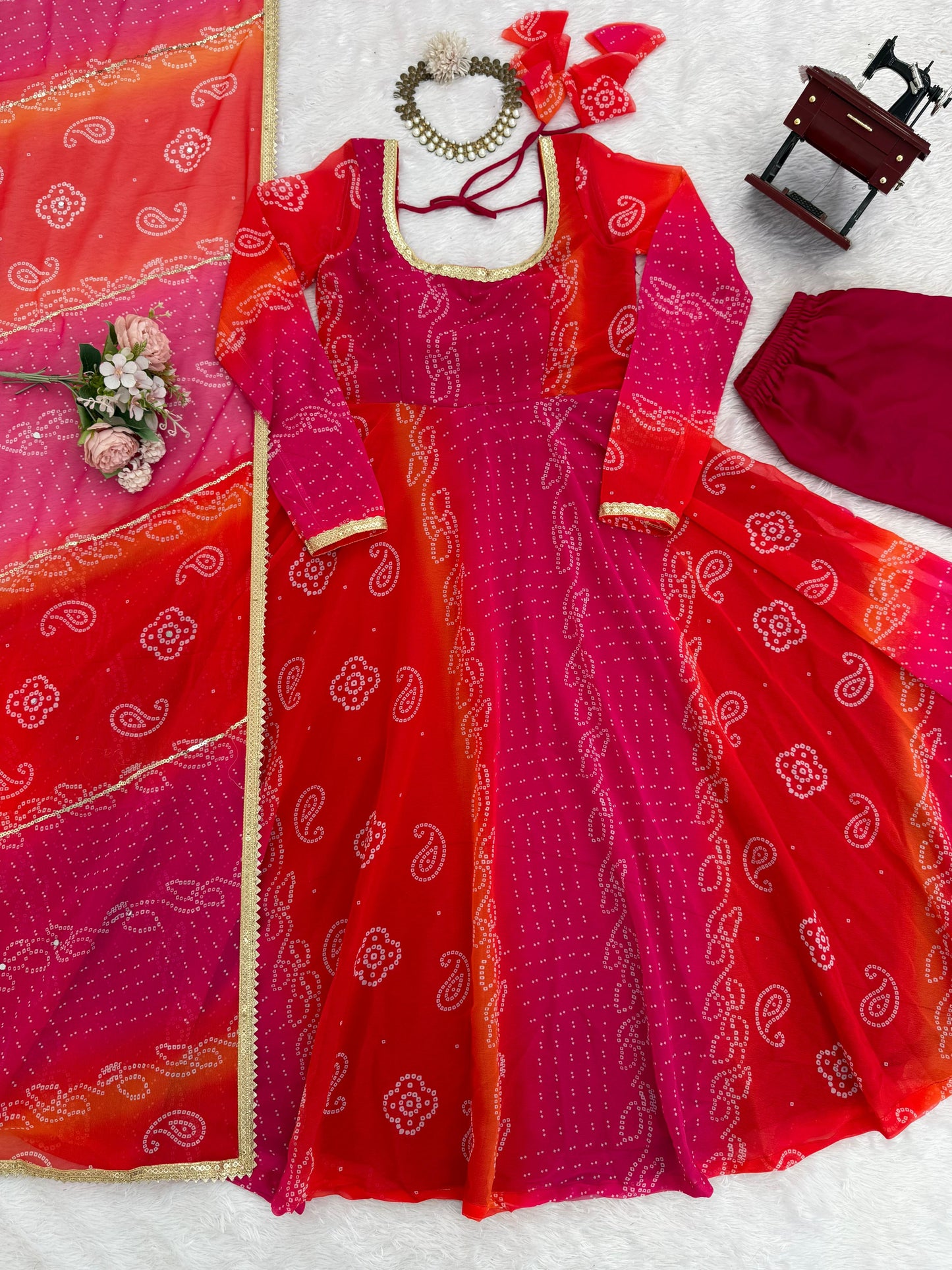 Ombre Pink & Orange Bandhej Anarkali Suit