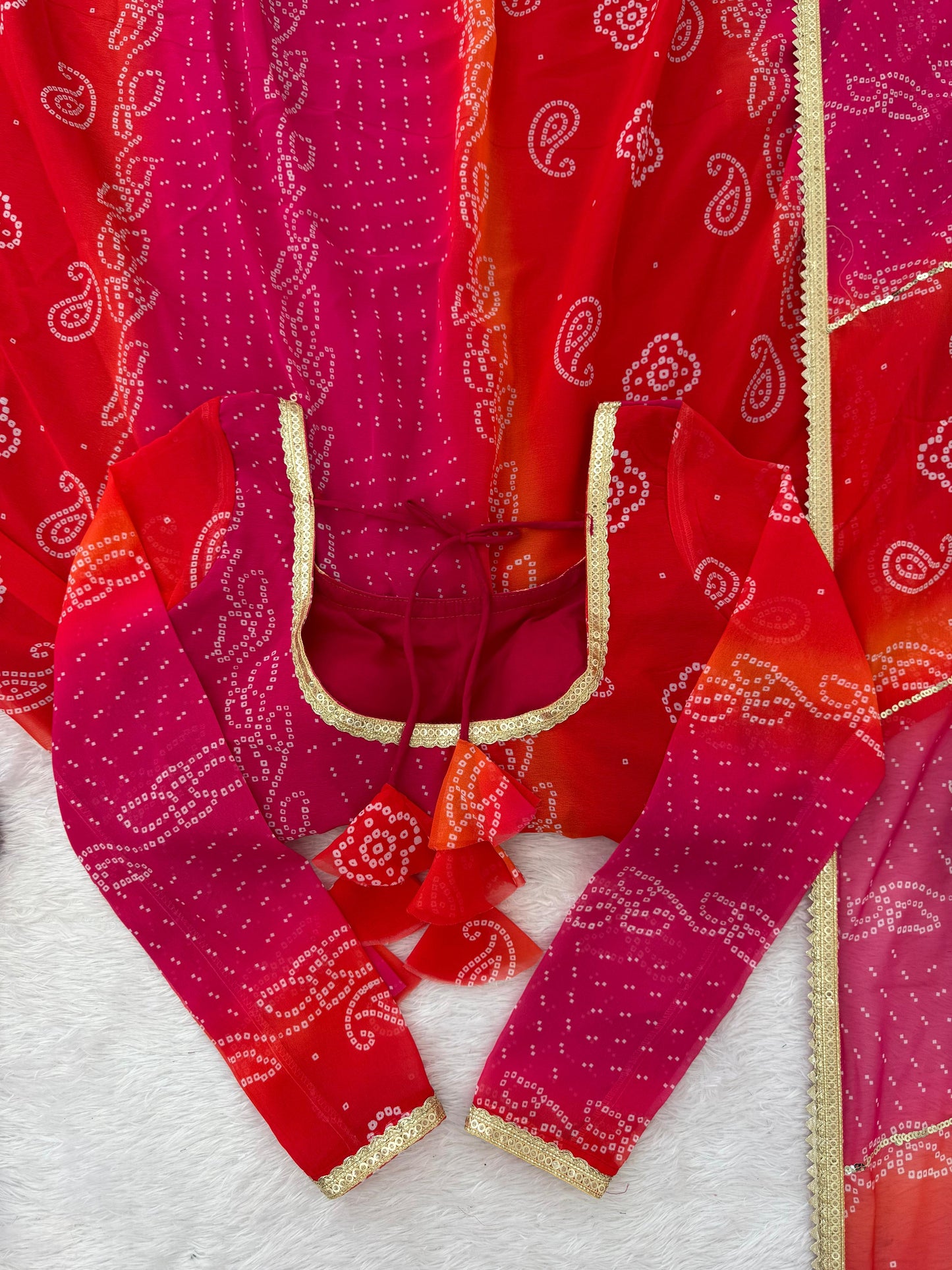 Ombre Pink & Orange Bandhej Anarkali Suit