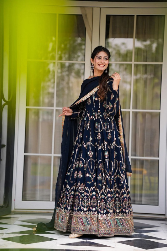 Blue Georgette Thread Sequence Work Festive Gown