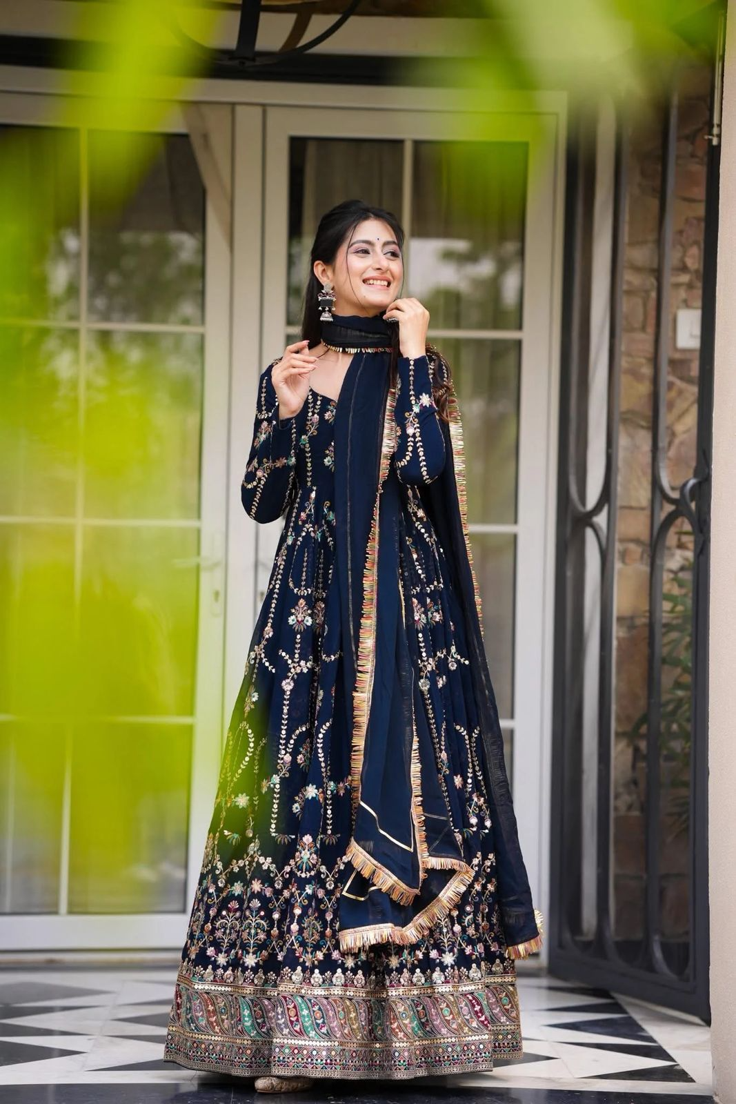 Blue Georgette Thread Sequence Work Festive Gown