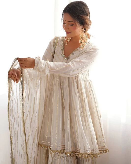 Off White Mul Chanderi Sharara Suit Set