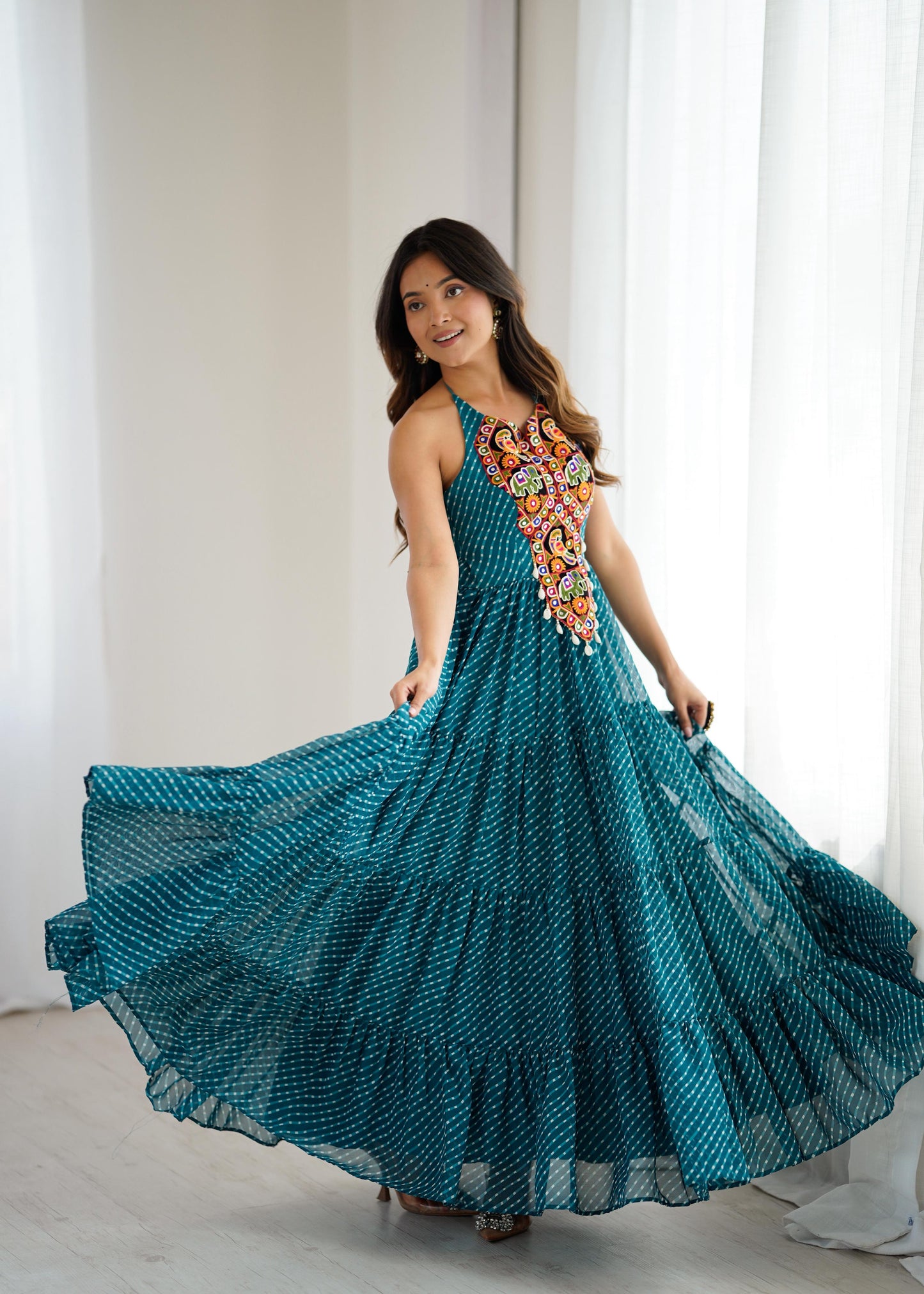 Peacock Blue Bandhnai Gown