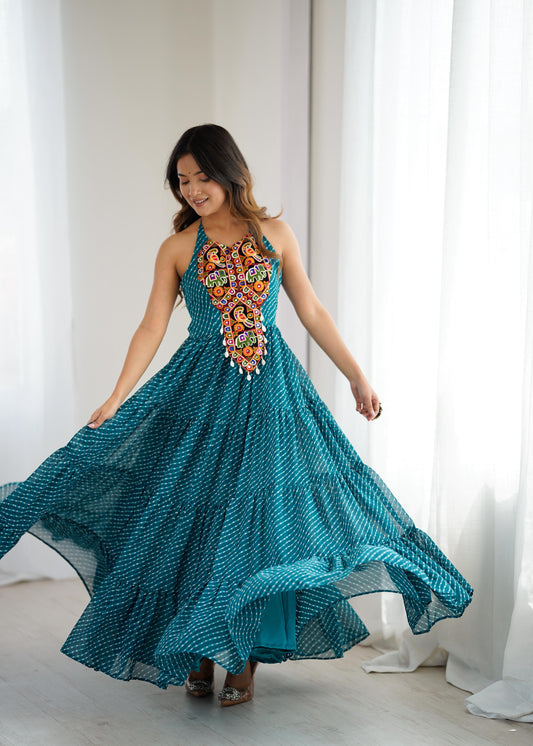 Peacock Blue Bandhnai Gown
