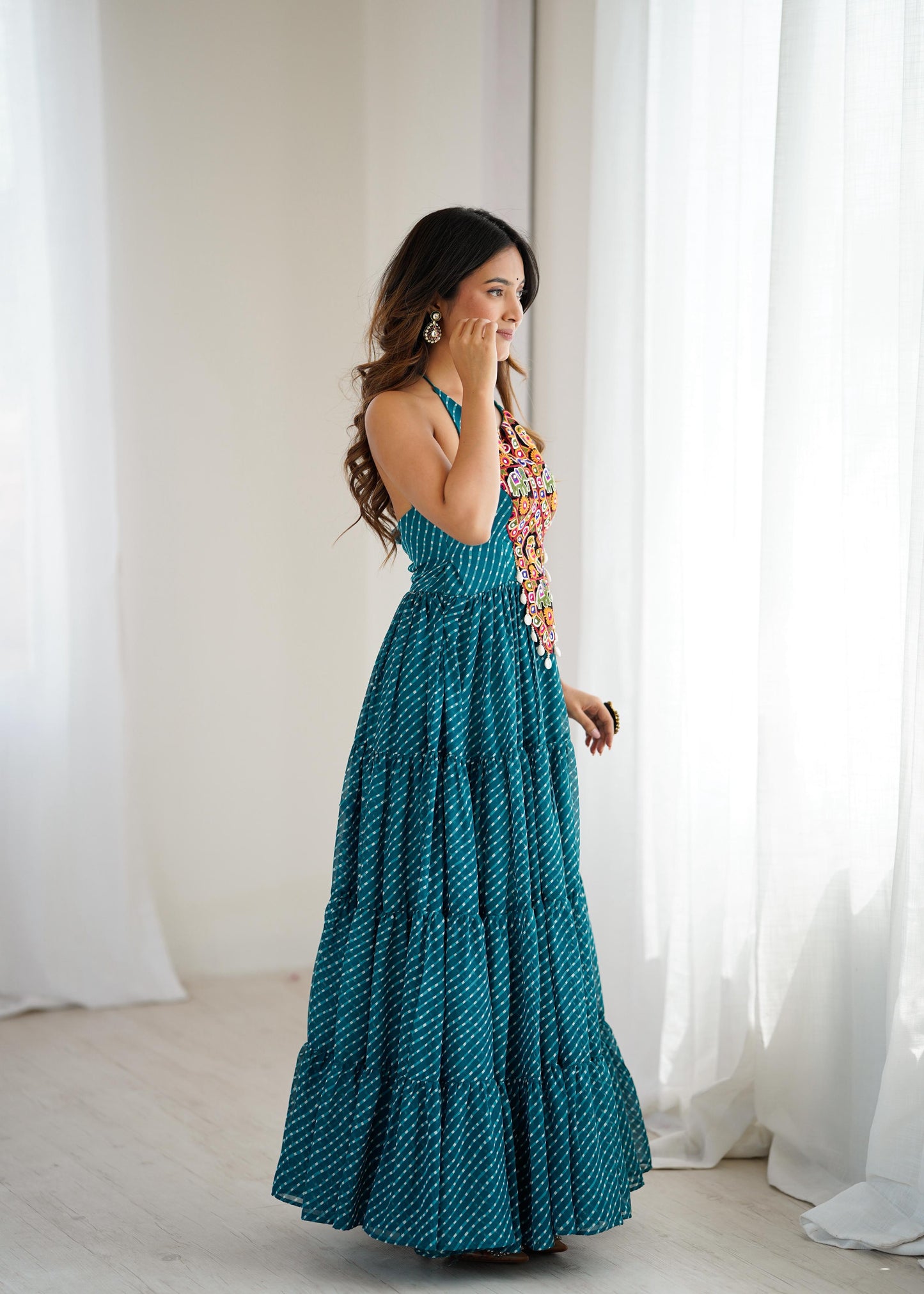 Peacock Blue Bandhnai Gown