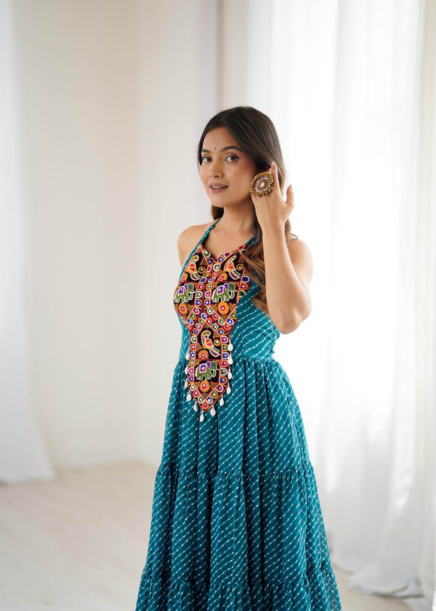 Peacock Blue Bandhnai Gown