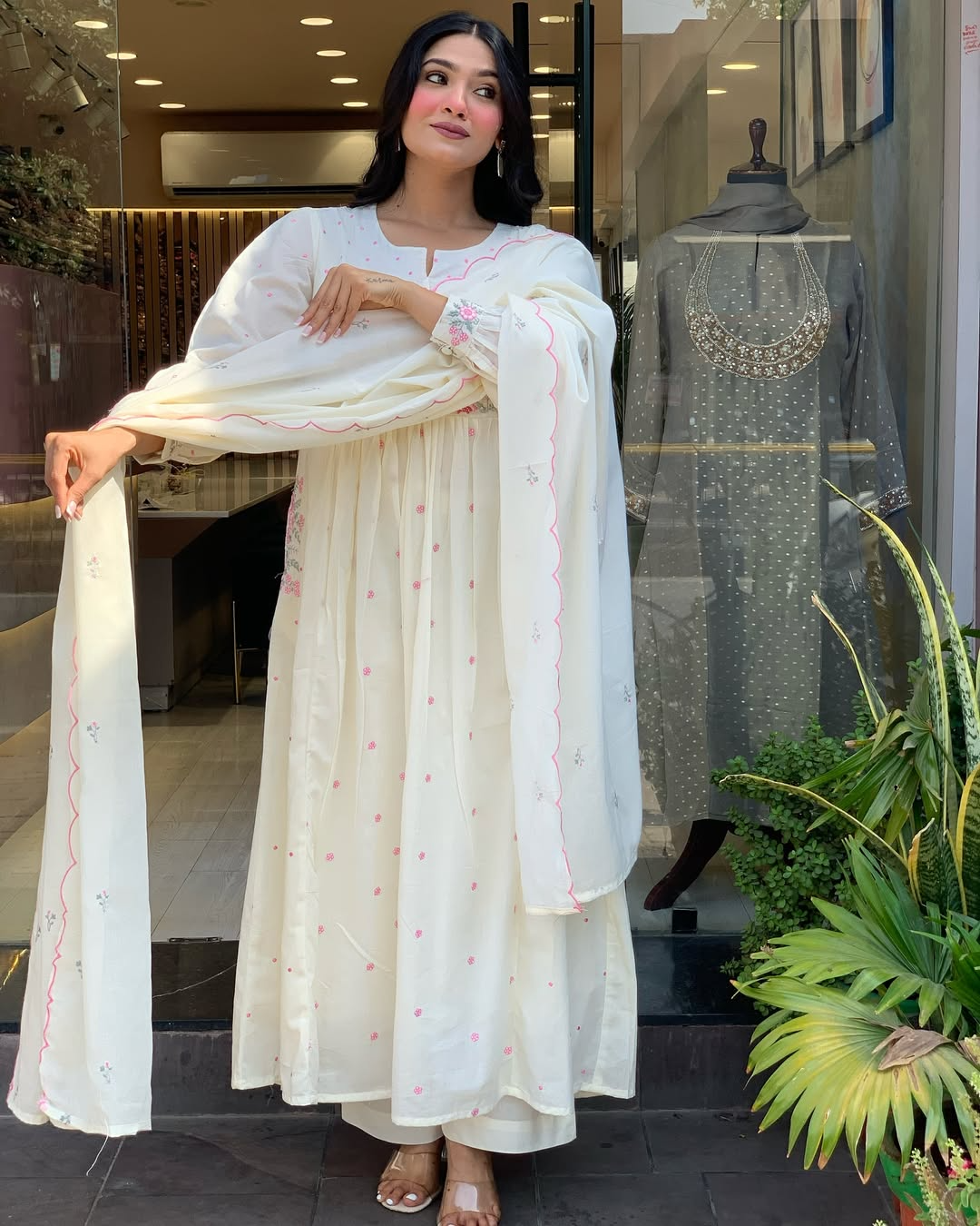 White Mul Cotton Delicate Embroidered Suit Set