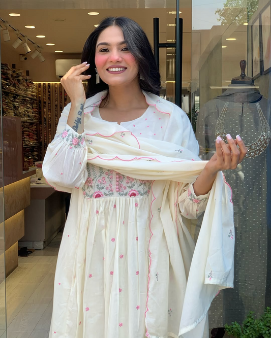 White Mul Cotton Delicate Embroidered Suit Set