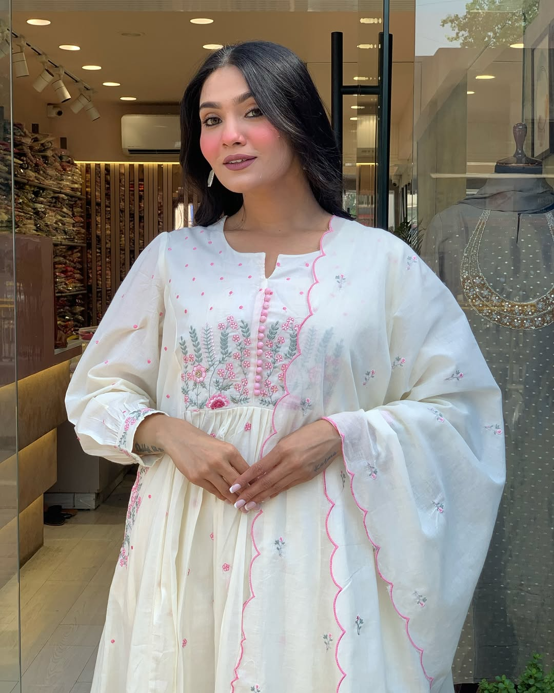 White Mul Cotton Delicate Embroidered Suit Set