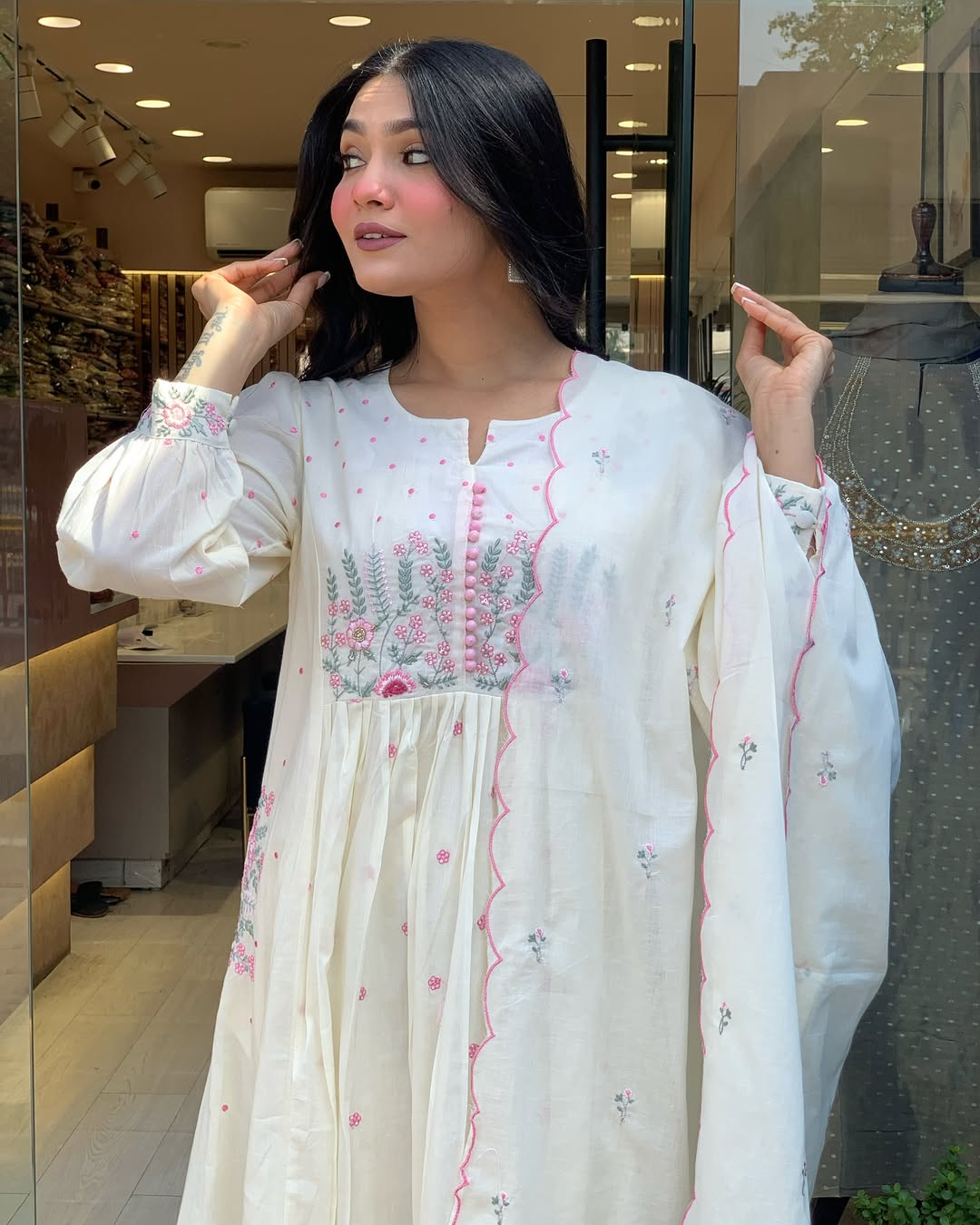 White Mul Cotton Delicate Embroidered Suit Set