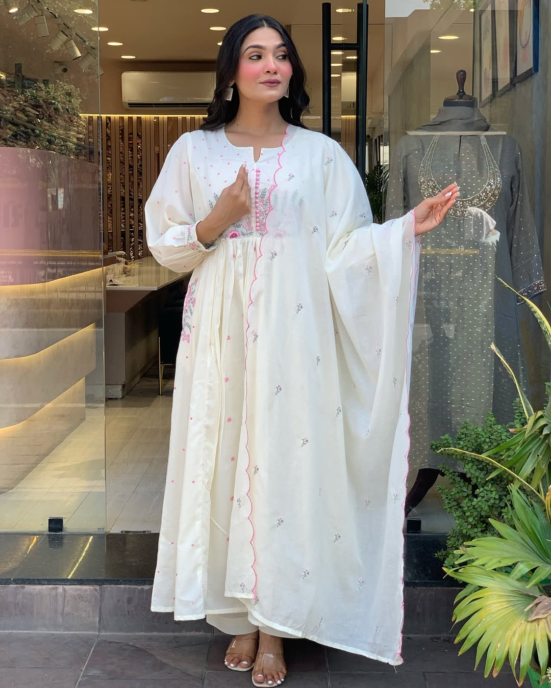 White Mul Cotton Delicate Embroidered Suit Set