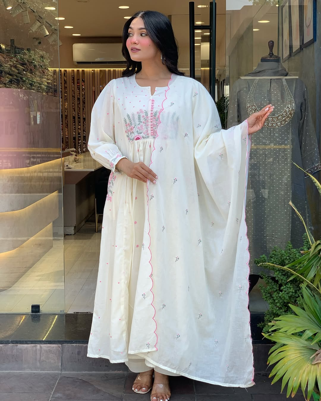 White Mul Cotton Delicate Embroidered Suit Set