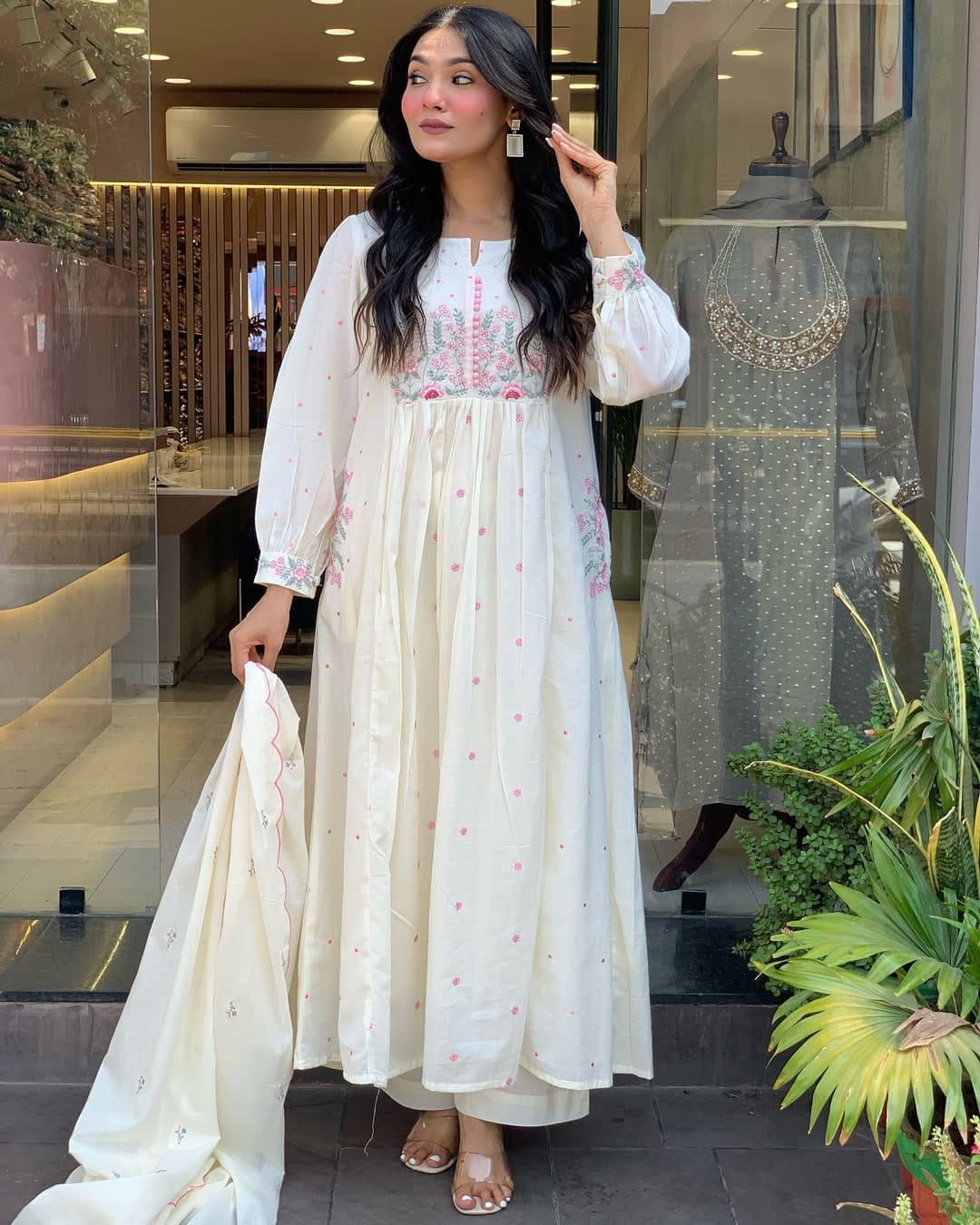 White Mul Cotton Delicate Embroidered Suit Set