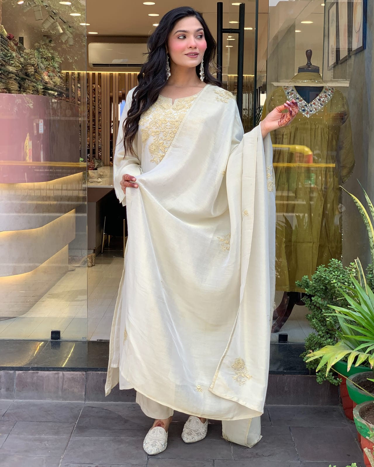 Off White Chanderi Silk Embroidered Suit Set