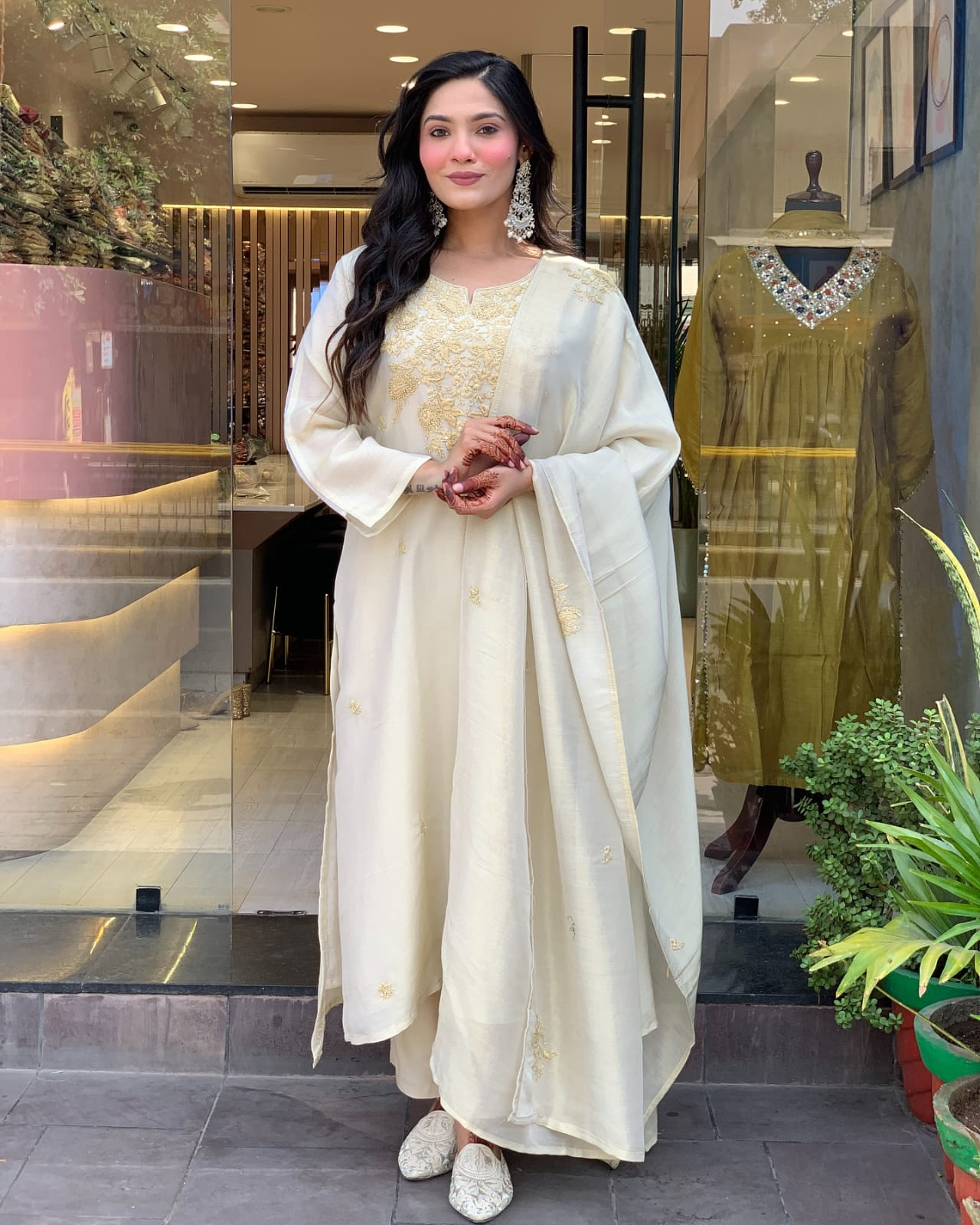 Off White Chanderi Silk Embroidered Suit Set