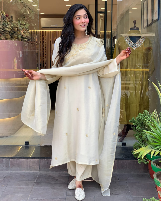 Off White Chanderi Silk Embroidered Suit Set