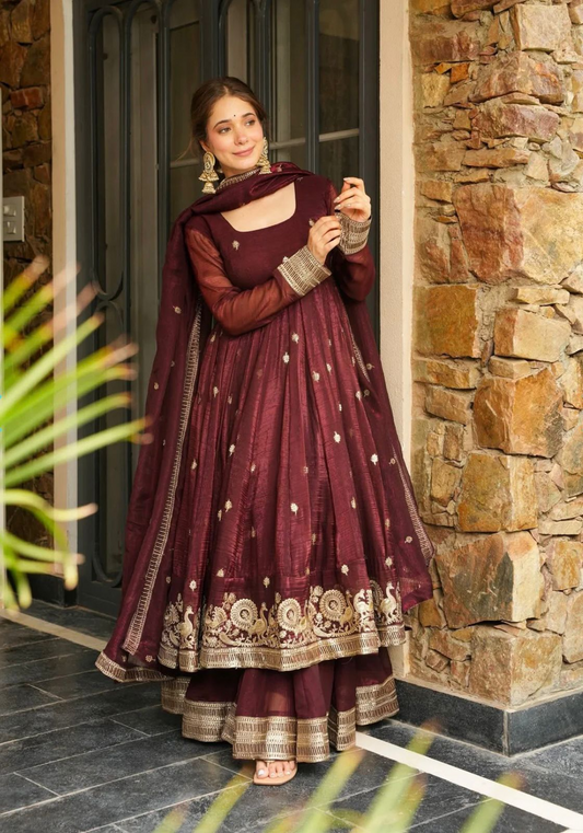 Red Georgette Embroidered Festive Gown