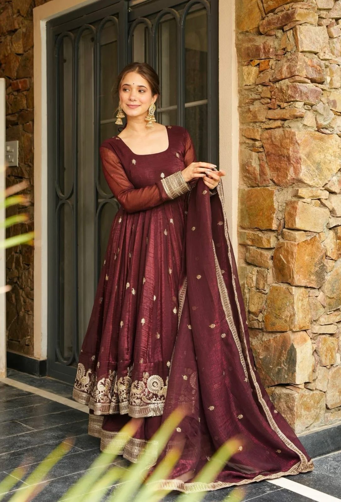 Red Georgette Embroidered Festive Gown