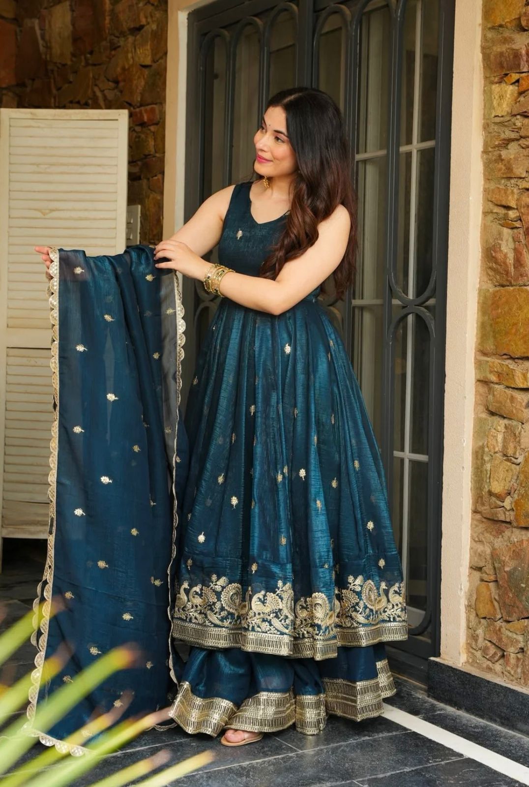 Peacock Blue Georgette Embroidered Festive Gown