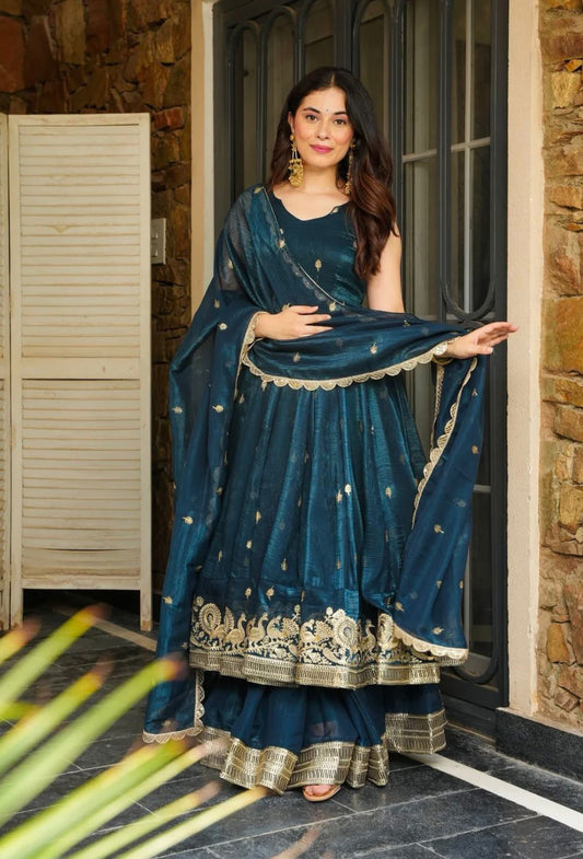 Peacock Blue Georgette Embroidered Festive Gown