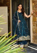 Peacock Blue Georgette Embroidered Festive Gown