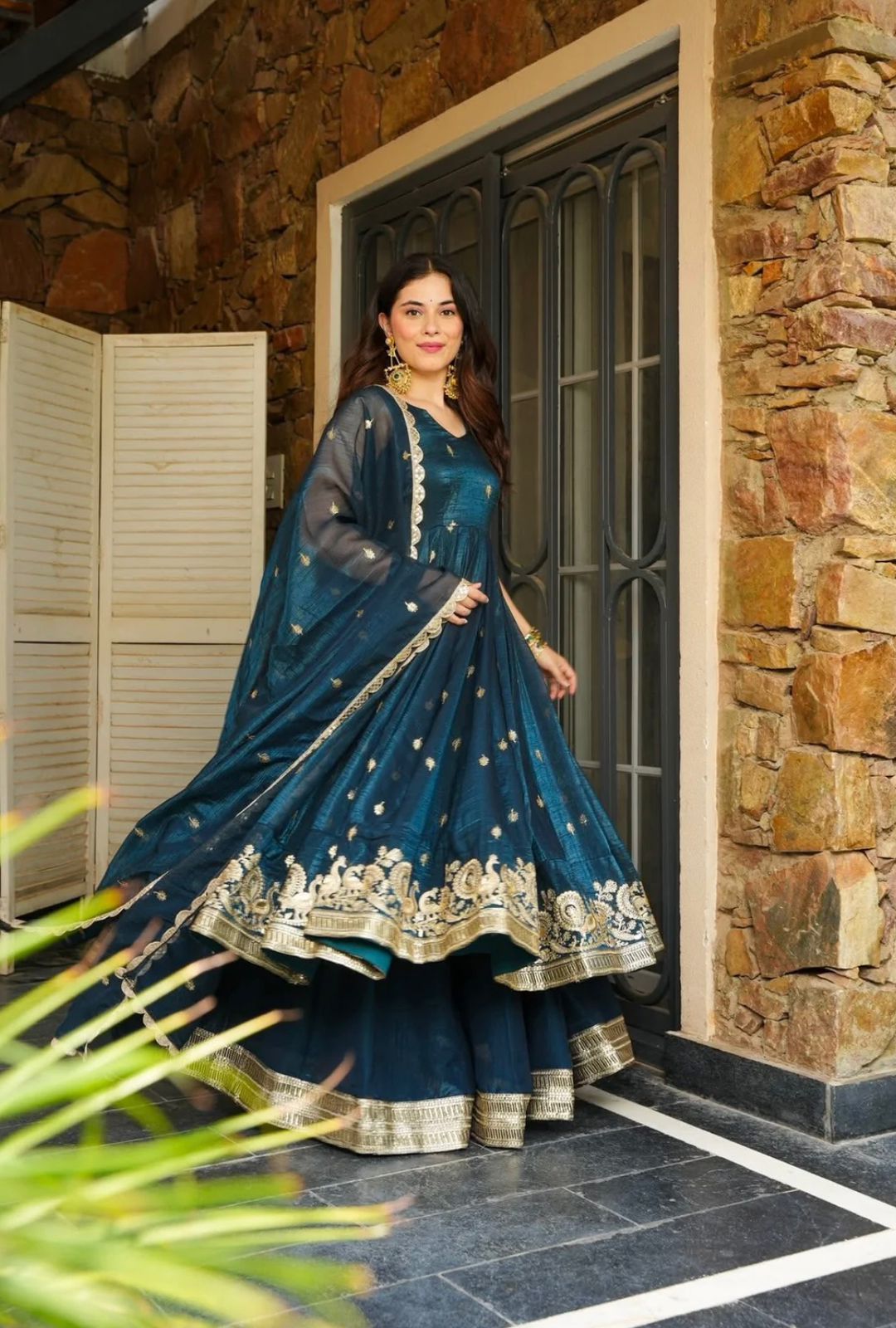 Peacock Blue Georgette Embroidered Festive Gown