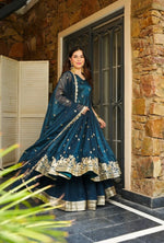 Peacock Blue Georgette Embroidered Festive Gown