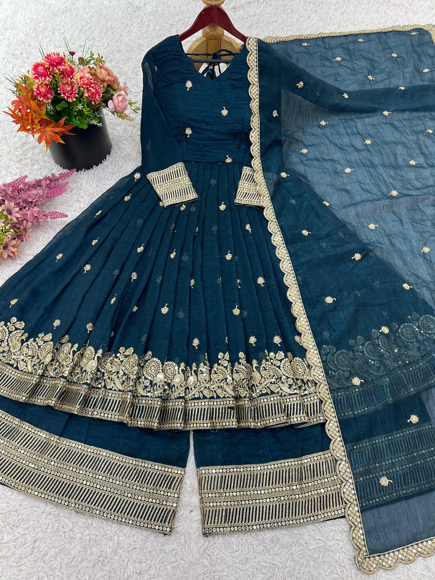 Peacock Blue Georgette Embroidered Festive Gown