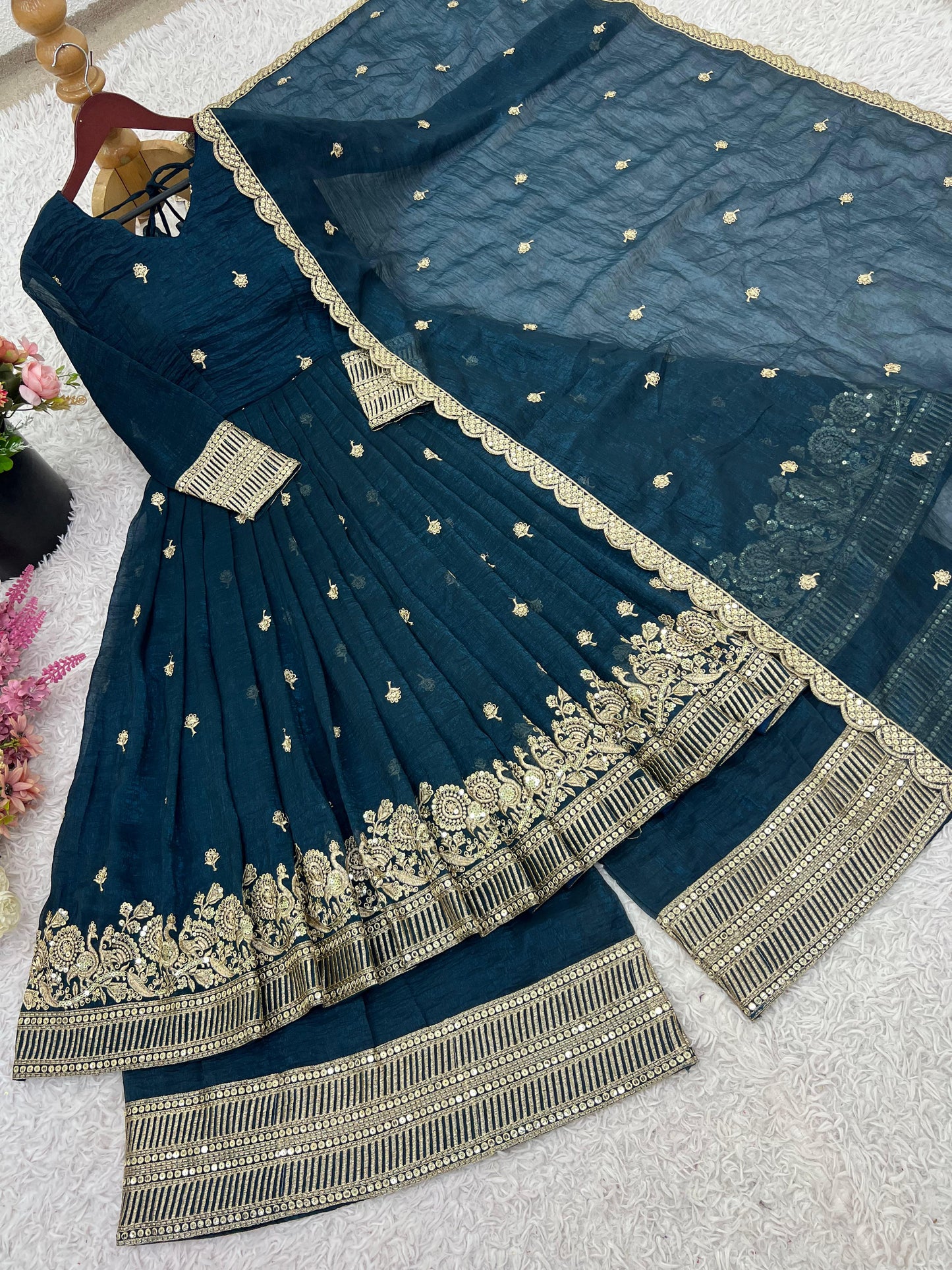 Peacock Blue Georgette Embroidered Festive Gown