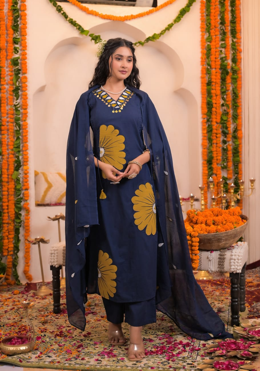 Navy Blue Mirror Work Cotton Kurta Suit Set