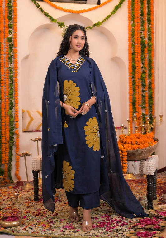 Navy Blue Mirror Work Cotton Kurta Suit Set