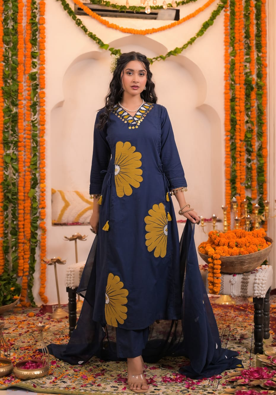 Navy Blue Mirror Work Cotton Kurta Suit Set