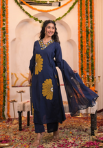 Navy Blue Mirror Work Cotton Kurta Suit Set