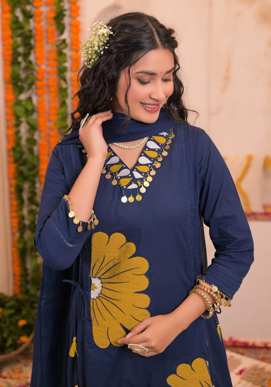 Navy Blue Mirror Work Cotton Kurta Suit Set