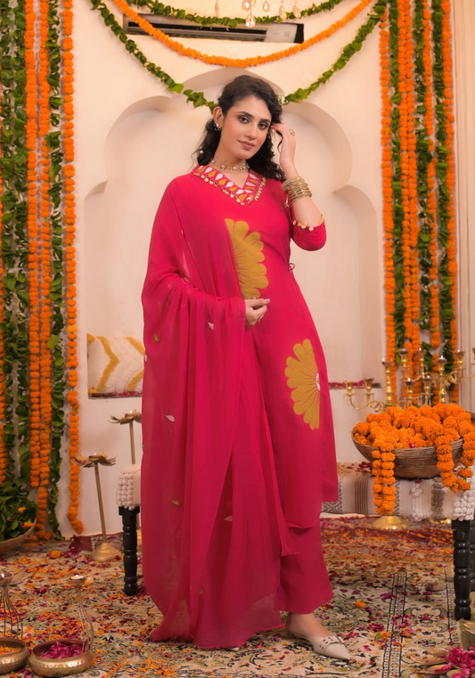 Pink Mirror Work Cotton Kurta Suit Set