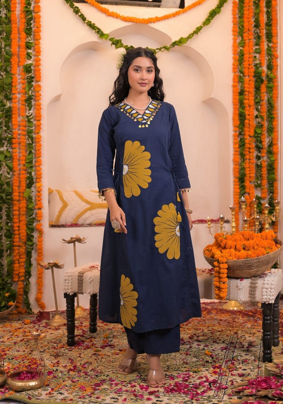 Navy Blue Mirror Work Cotton Kurta Suit Set