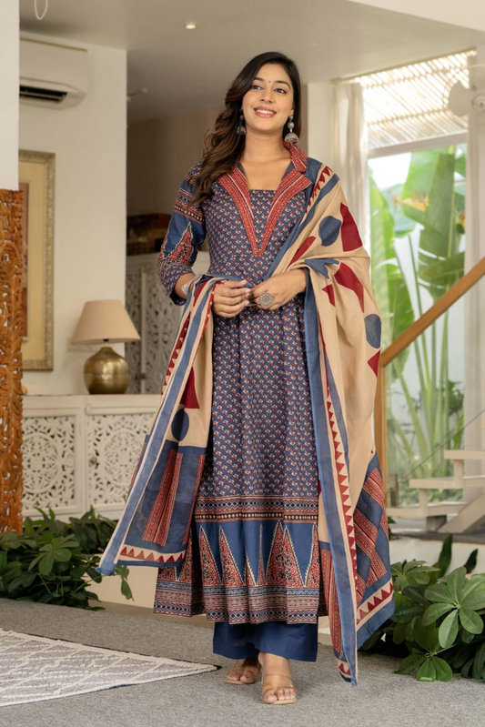 Multicolour Cotton Printed Anarkali Suit