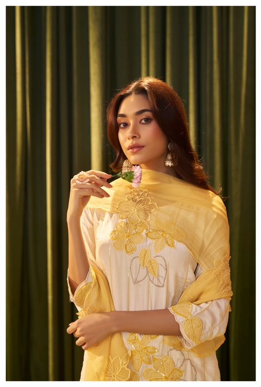 Yellow Floral Applique Work Crepe Kurta Suit Set