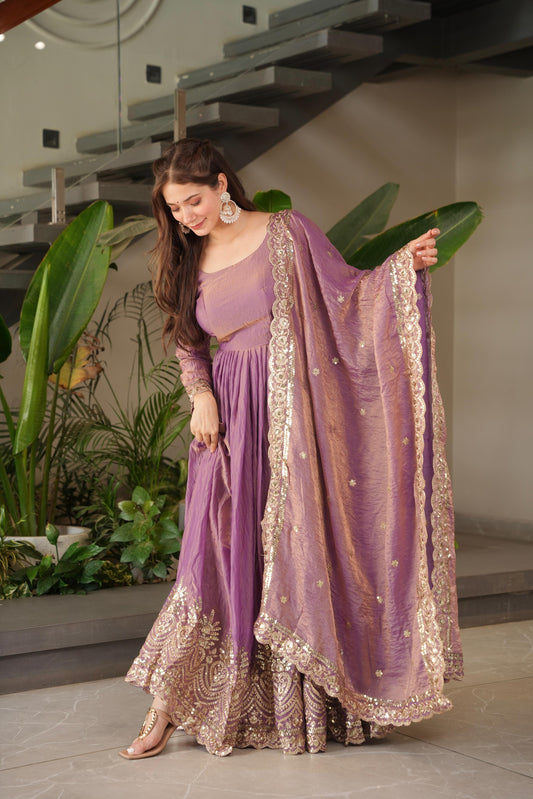Purple Silk Embroiderd Embroidered Gown
