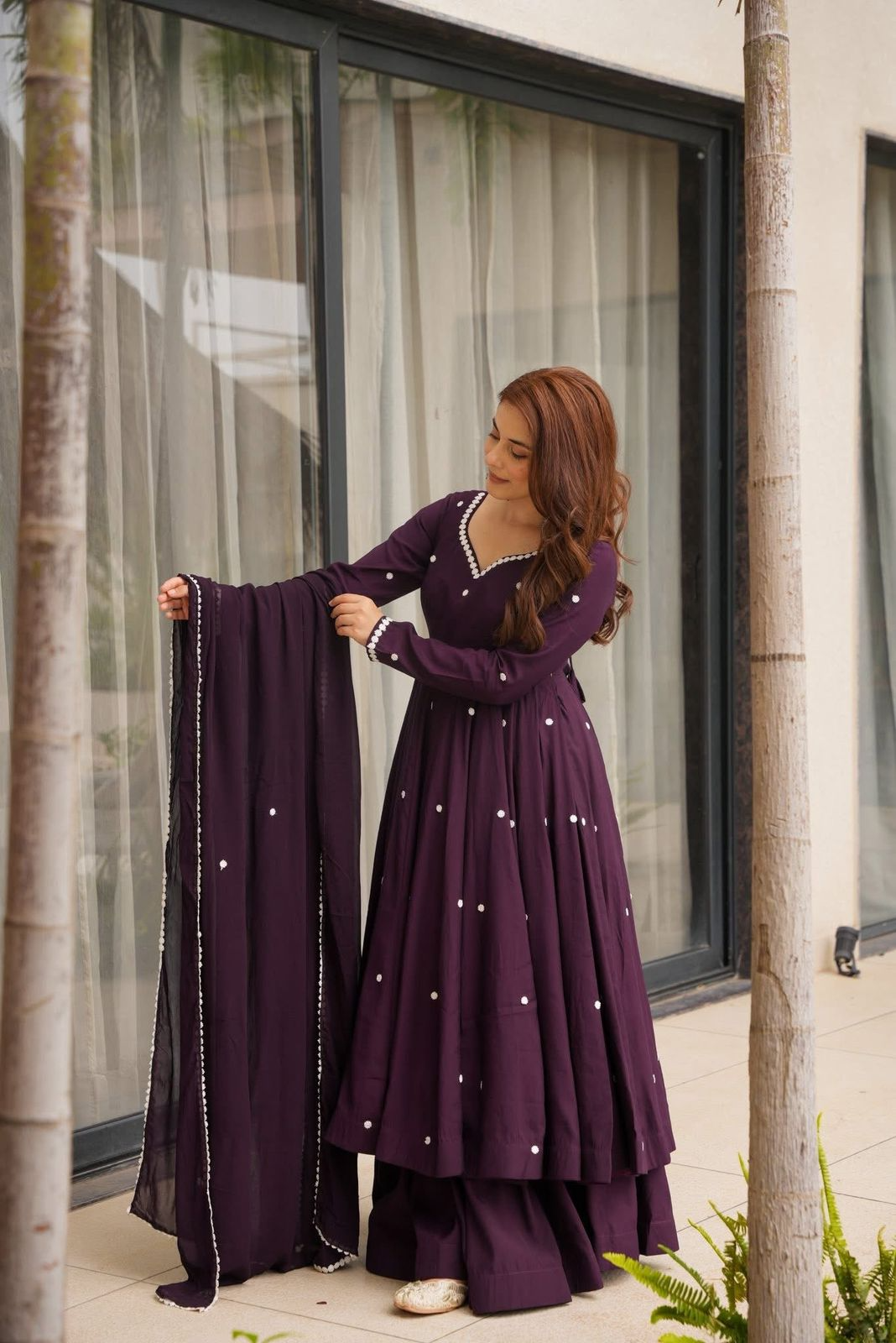 Deep Purple Embroidered Georgette Gown with Plazzo