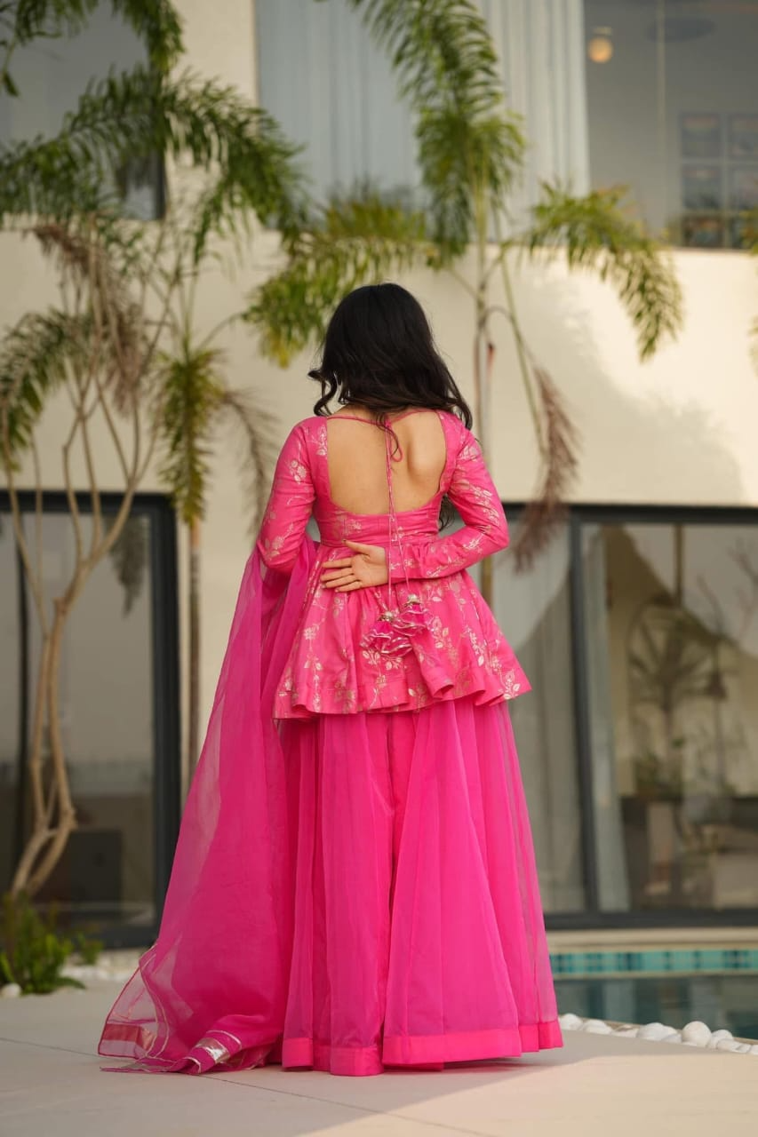 Rani Pink Banarsi Silk Sharara Suit Set
