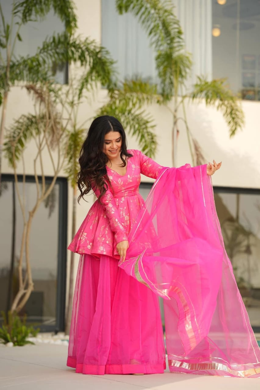 Rani Pink Banarsi Silk Sharara Suit Set