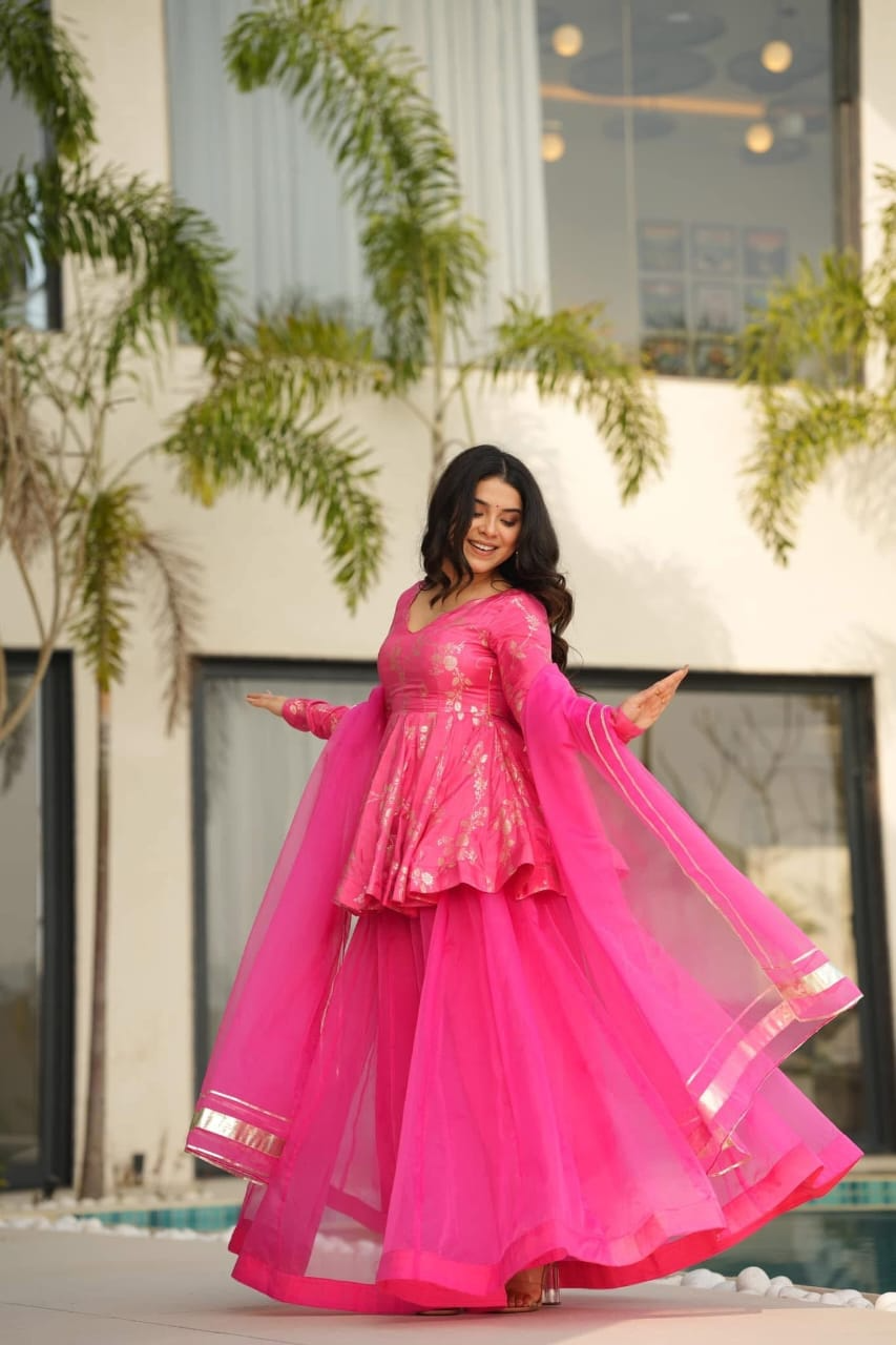 Rani Pink Banarsi Silk Sharara Suit Set
