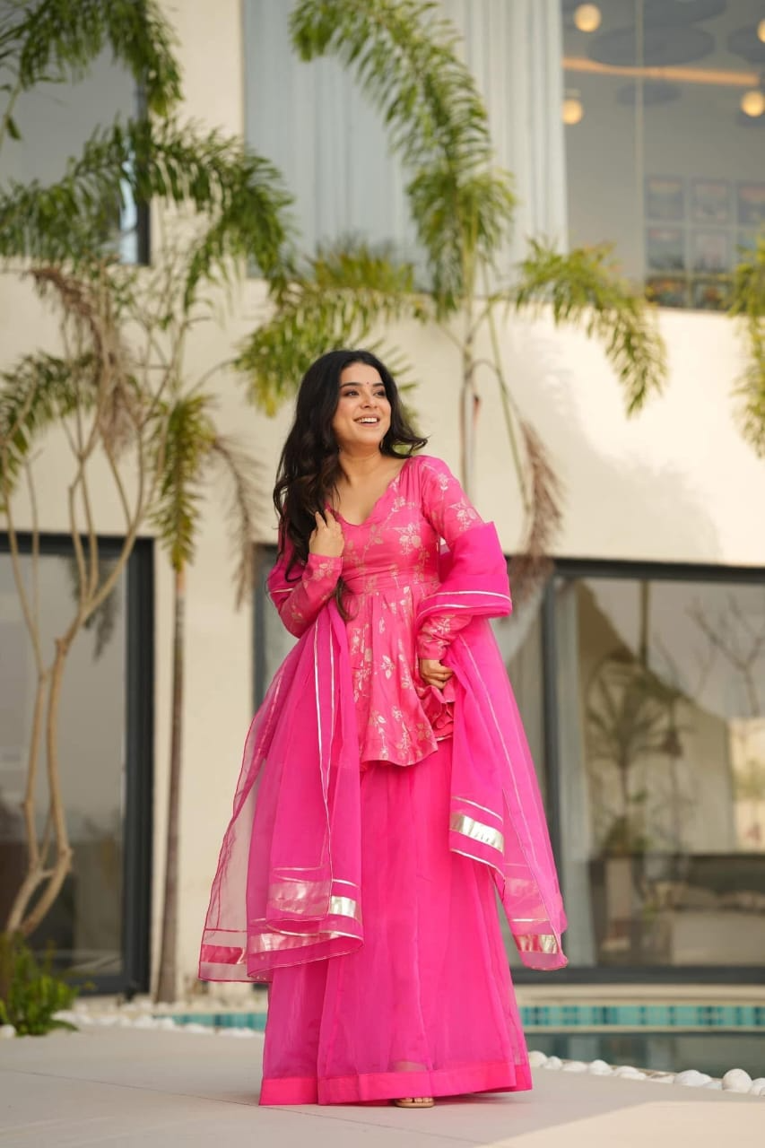 Rani Pink Banarsi Silk Sharara Suit Set