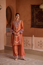 Rust Shimmer Tissue Embroidered Festive Kurta Palazzo Suit Set